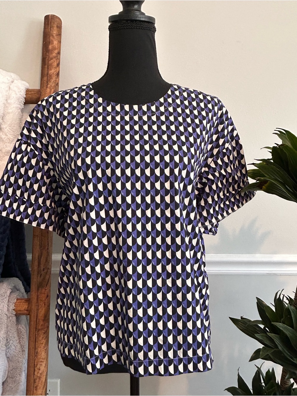 J. Crew Short Sleeve Geometric Blouse in Black, White & Purple Size 6